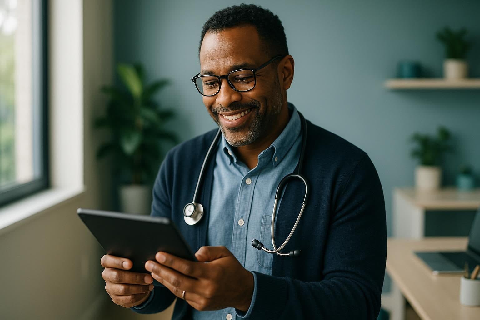A licensed clinician reviewing a patient's medical intake on a tablet