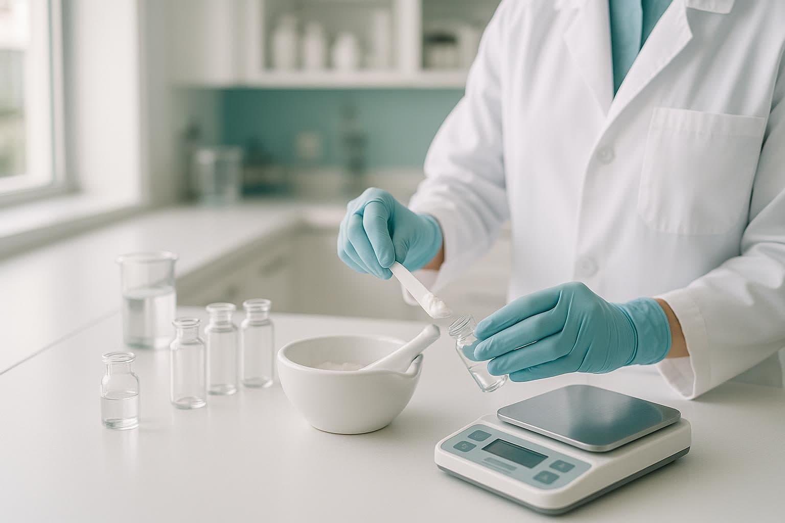 A pharmacist preparing a compounded medication at a clean lab bench